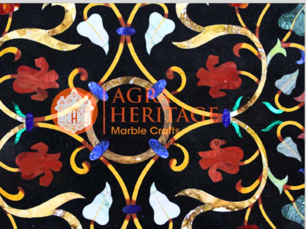 Black Marble Pietradura Floral Inlaid Art Table Top Decor